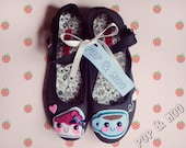 Cute mary janes / Kawaii tea and cake shoes / Quirky statement black canvas mary jane footwear / Unique womens flats UK Size 4 EUR 37 US 6