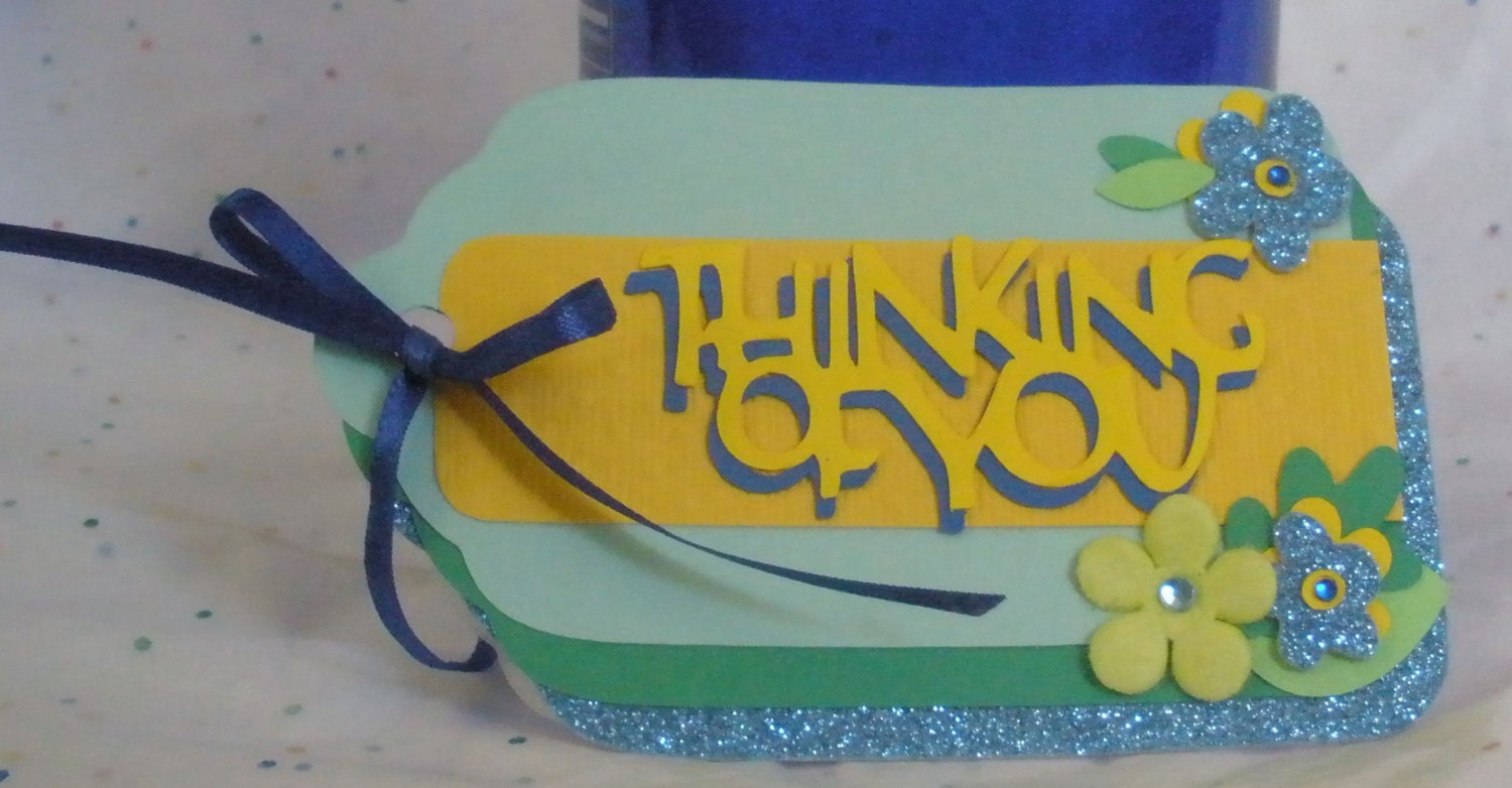 Free Shipping Thinking of You Gift Tag/Card Handmade Unique One of a Kind, green, blue, yellow, Customize it