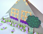 New Home Card. New Home Congrats. Paper House. New House Congratulations Card w/ purple flowers
