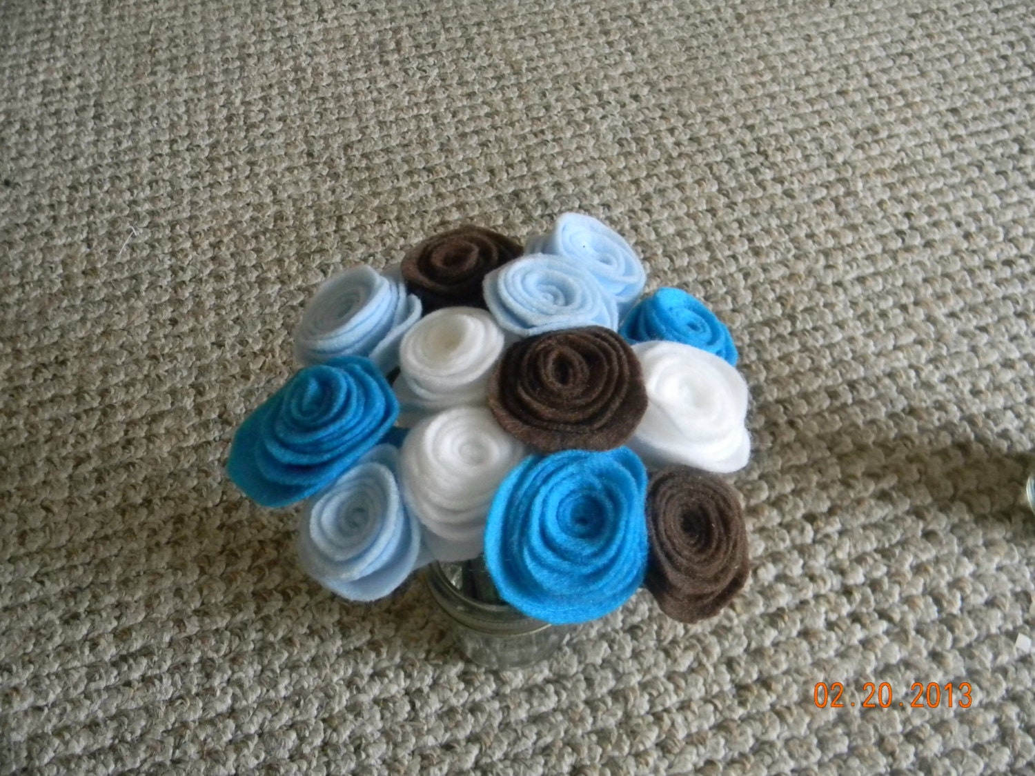Blue,Brown and White Felt Flower Bouquet in a Mason Jar Vase