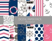 Pink Nautical Digital Paper 12 Pack- INSTANT DOWNLOAD - 12"x12" Summer Ocean Nautical Themed Set - Digital Scrapbooking - Ships, lighthouse