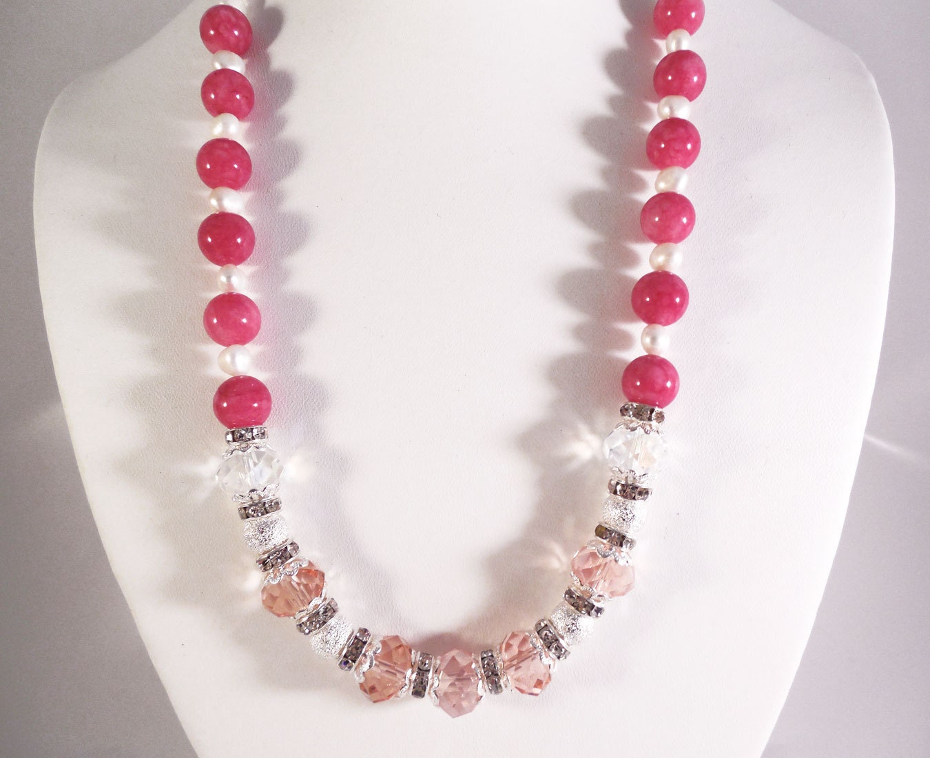 Summer pink bead crystal silver & freshwater pearl handmade beaded necklace, beadwork