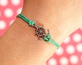 Mini Anchor Bracelet, Infinity Bracelet, Silver Bracelet, Charm Bracelet, Green Wax Cord Bracelet, Gifts for friends