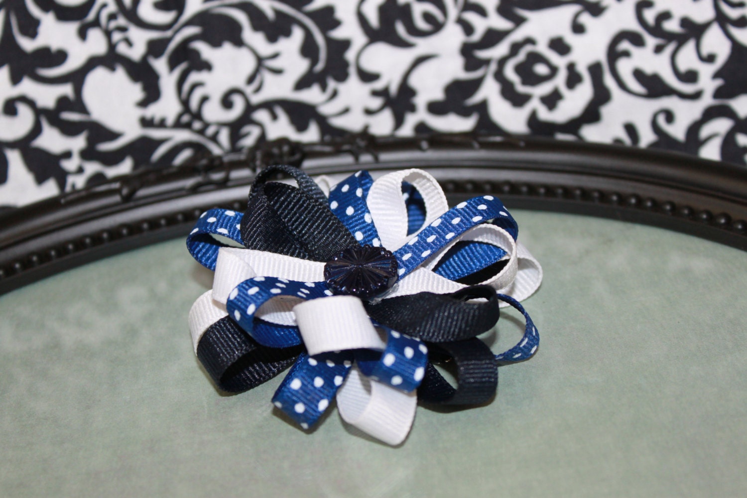 Navy Blue and White Ribbon Hair Bow - 2 Layer with Flower Button