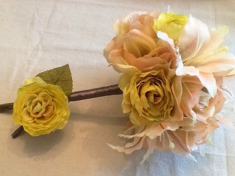 Rose and Lily Victorian Shades Wedding Bouquet with Matching Boutonniere-wrapped in satin grey ribbon-NEW for Spring