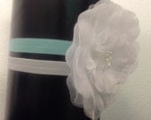 Infant Double Elastic Teal Headband with White Fashion Flower