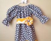 Baby Girl Gray Polkadot and Yellow Chevron Peasant Dress with Flower Sash and Hair Bow - 0-3 months - 6M - 12M - 18M - 2T - 3T - 4T