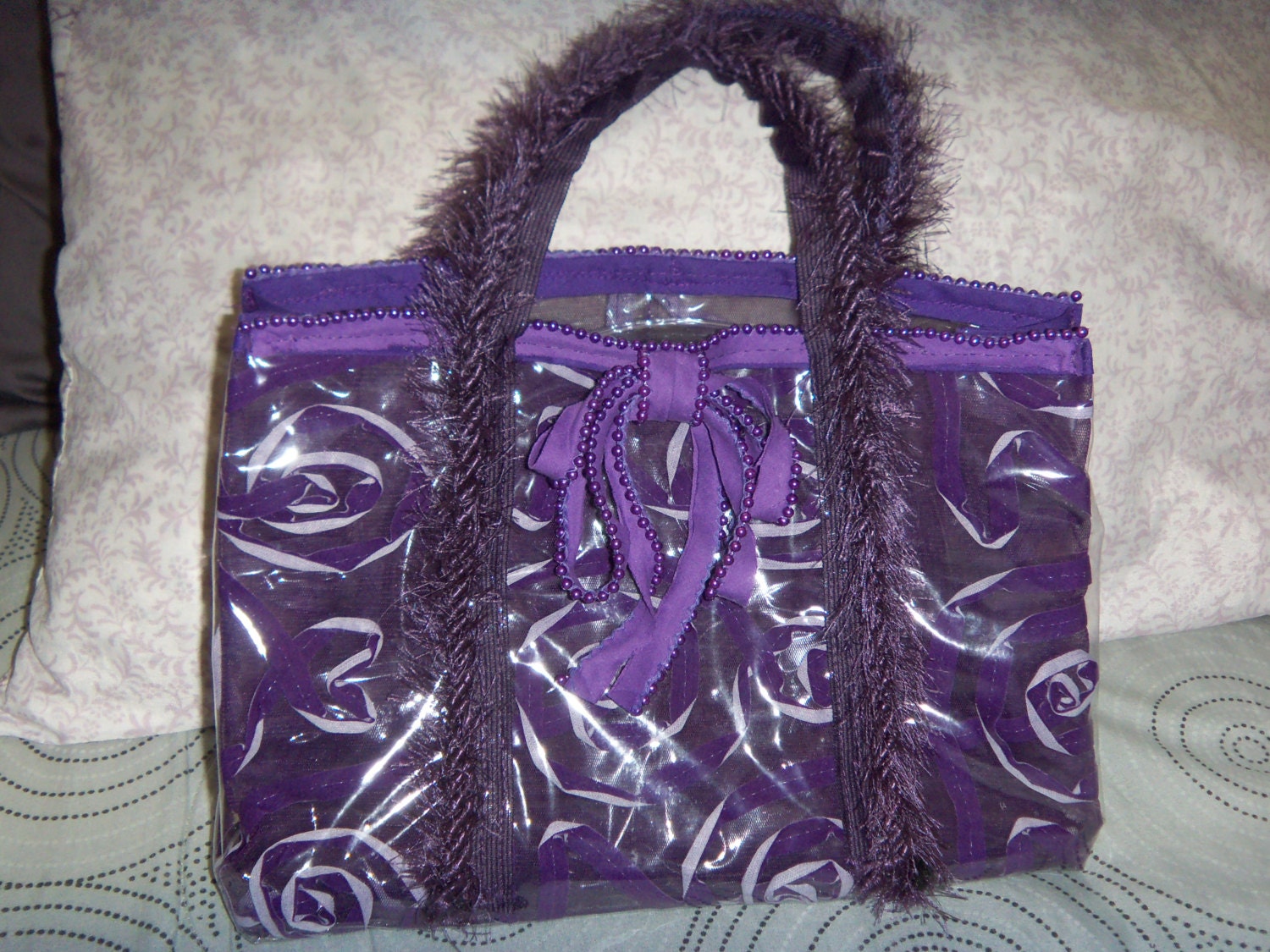 Handmade Reuseable Gift Bag or Purse Purple Flower Plaid Clear & Recycled