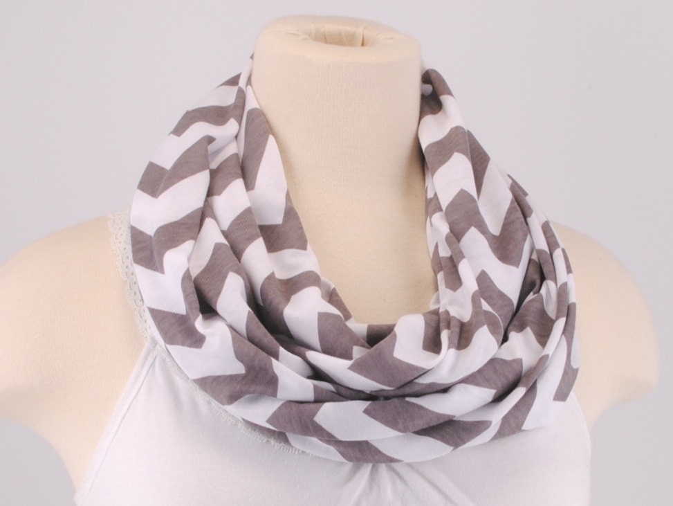 Light Gray White Chevron Infinity scarf Chevrons Zig Zag jersey knit scarf infinity scarf bridesmaid gift by Fashion Designs 4U