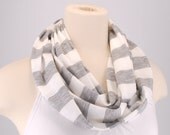 Infinity scarf Loop Circle Scarf Gray White Stripe cowl jersey women OOAK lightweight  Necklace by Fashion Designs 4U