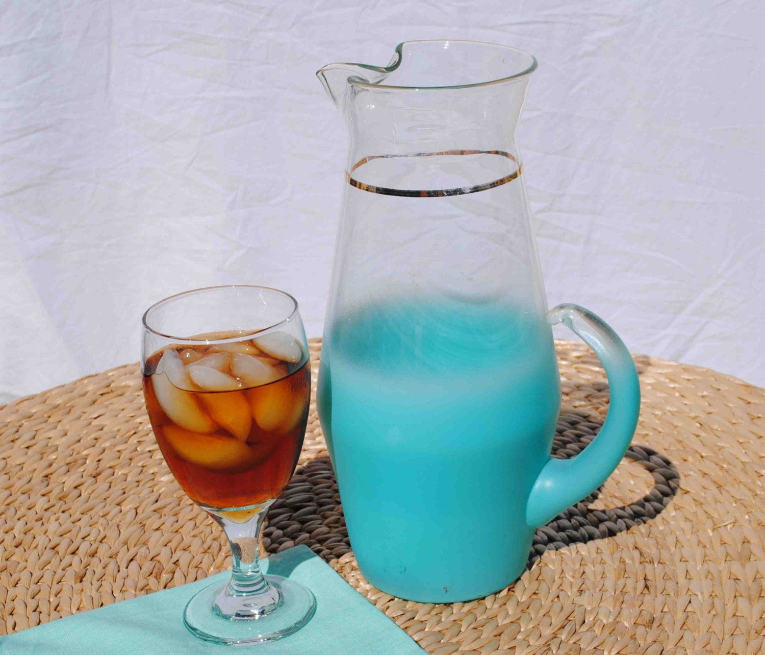 VINTAGE BLENDO GLASS Frosted Aqua Pitcher and Four Glasses by West Virginia Glass Company - BridgetsCollection
