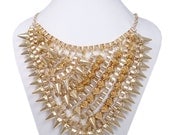 Hot Spike Gothic Necklace, Gold Tone Rivet Necklace, Bib Necklace, Unique Design Punk Style Jewelry-151978554