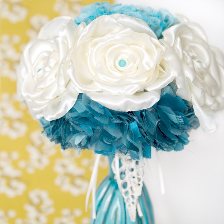 Fabric Flowers and Sea Shell Beach Wedding Bouquet
