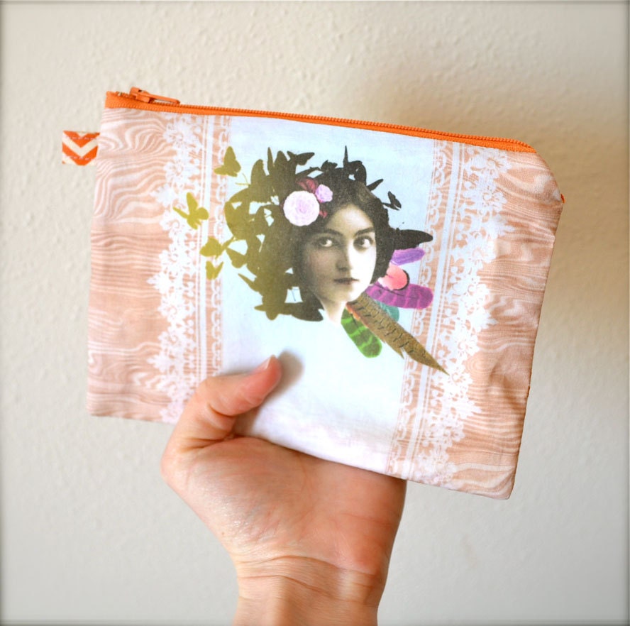 Nature Girl with orange chevron ... a LIGERMILK original.  canvas lined zipper pouch with loop