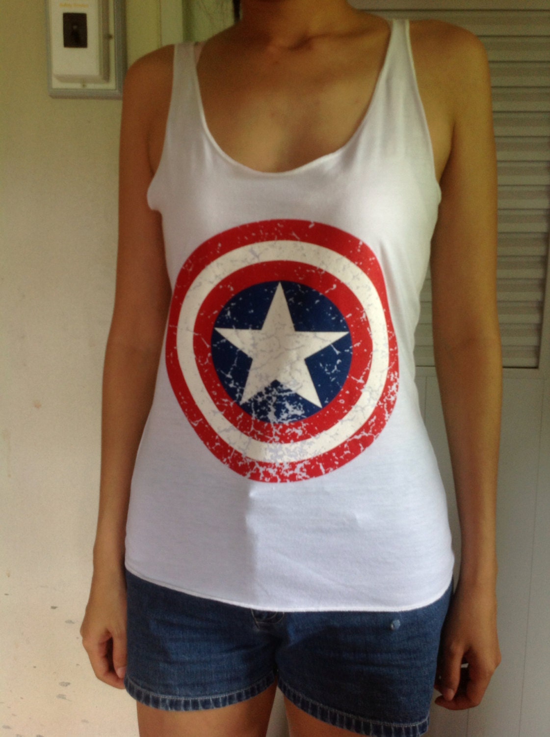 Captain America Logo White Tank top shirt Vest Singlet sleeveless women top.