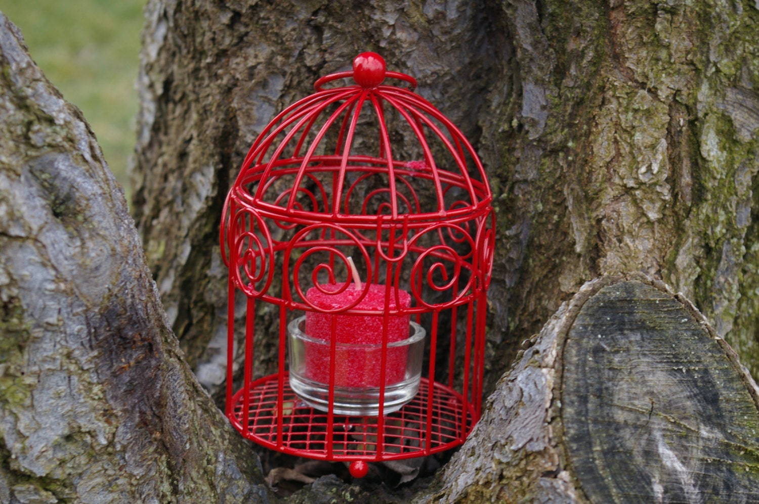 Shabby Chic Red Wire Hanging Birdcage Tea Light Candle Holder Votive Bird Cage