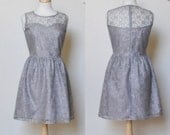PROVENCE (Grey) : Grey lace dress, sweetheart neckline,  vintage, shirred skirt, chiffon sash, party, day, bridesmaid - mfandj