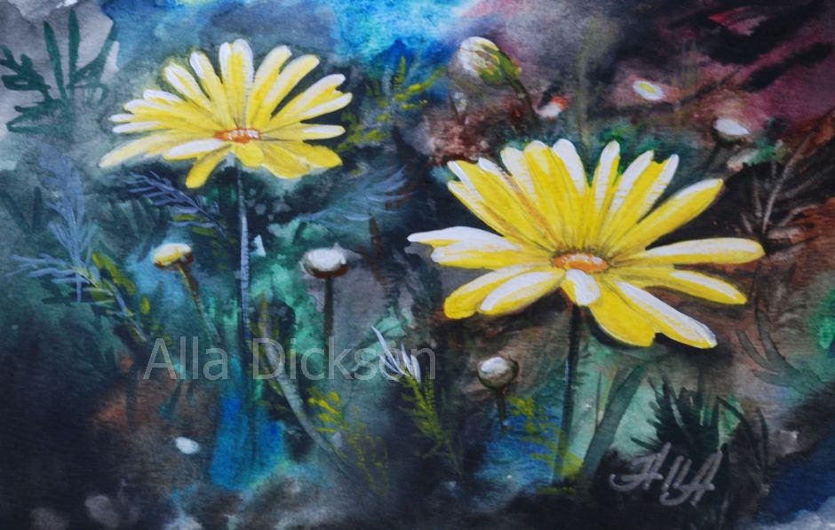 Art print 8x10 of an original watercolor painting, "Daises", emerald green, yellow, floral, flower, spring, Mother's day card