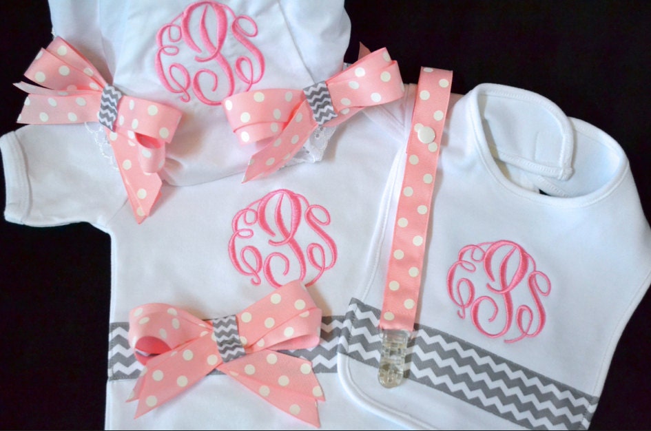 Personalized Monogrammed Bodysuit Onesie, Bib, Pacifier Clip, and Diaper Cover Bloomers Baby Boys Girls Toddler Applique Embroidery MC PK