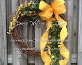 Grapevine Wreath with Yellow Silk Flowers, Ivy and Yellow Burlap Bow, Spring Wreath, Summer Wreath, Wreath, Grapevine, Home Decor