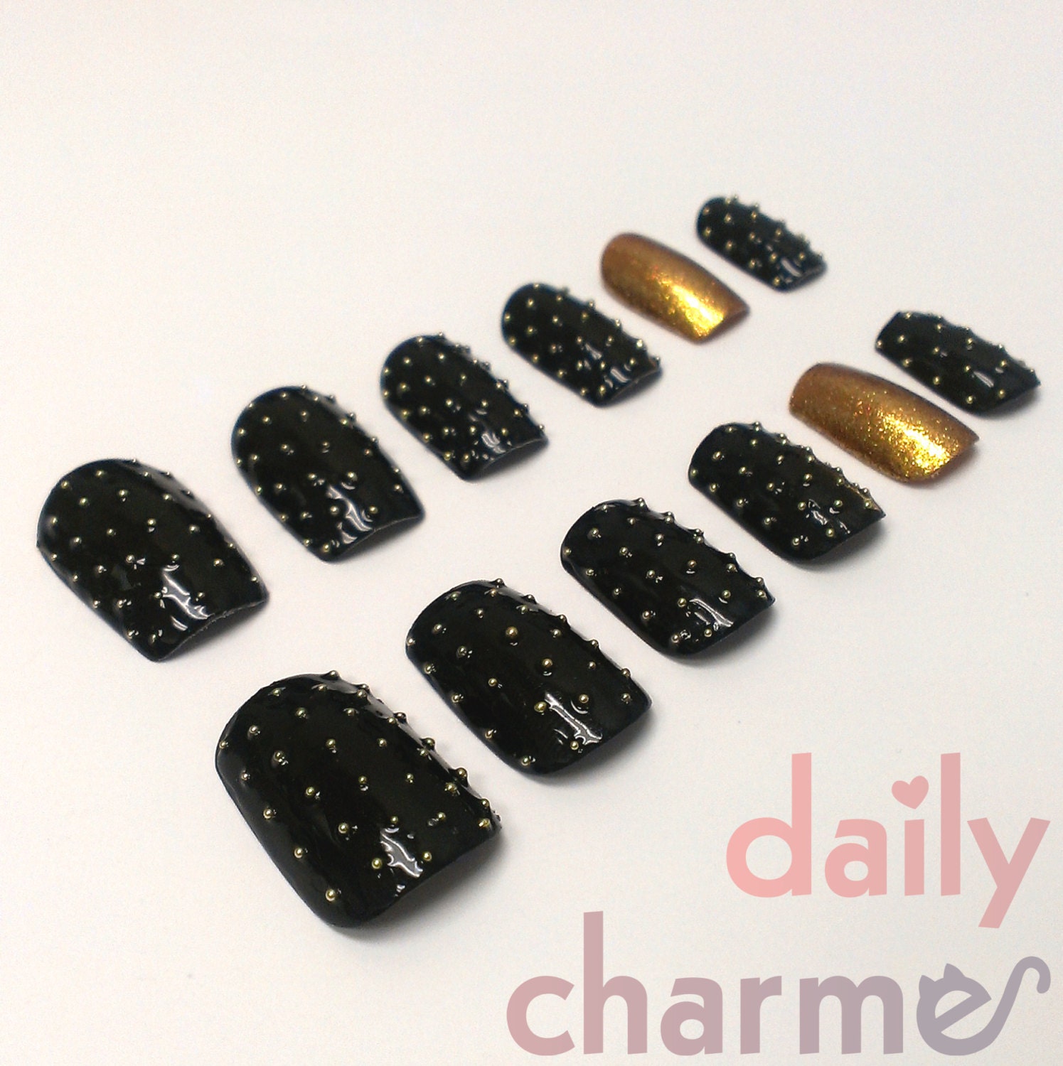 Punk Style Black Studded False Nails with Gold Glitter Accent Nail
