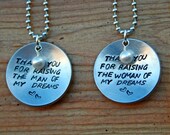 Thank you for raising the man/woman of my dreams - Hand Stamped Necklace with heart stamps and Swarovski Pearl, Wedding Gift