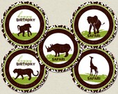 Safari birthday party decoration PRINTABLE circles Stickers African green brown zoo elephant giraffe animals cupcake toppers DIY silhouette Il_170x135