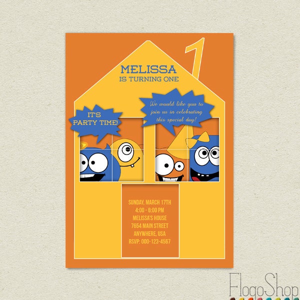 Monsters birthday party invitation Scrapbooking Personalized Printable yellow orange blue kids girls boys invite Il_170x135