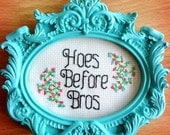 Hoes Before Bros - Finished and framed cross stitch - ornate turquoise frame