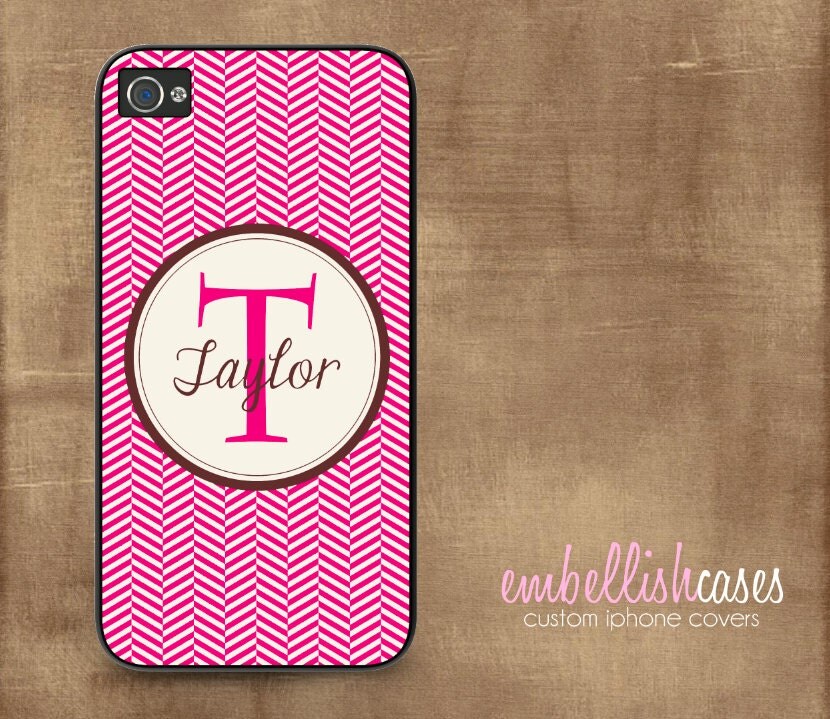 iPhone 4 Case monogrammed - iphone 4s case personalized - modern herringbone lipstick pink brown - 109