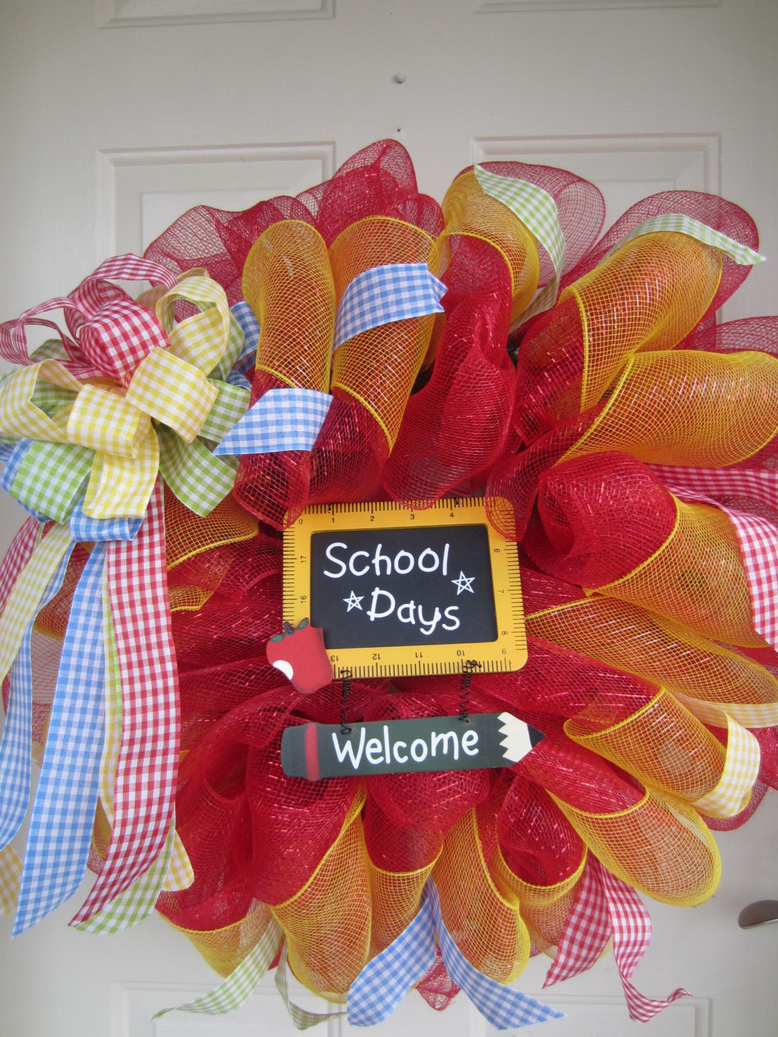 Teacher School Days Chalkboard Mesh Wreath with Gingham Bow