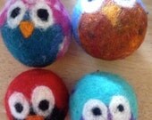 4 felted wool dryer balls. Custom size package and colors.  Happy hoppin' hooter owls. Save time, money and energy