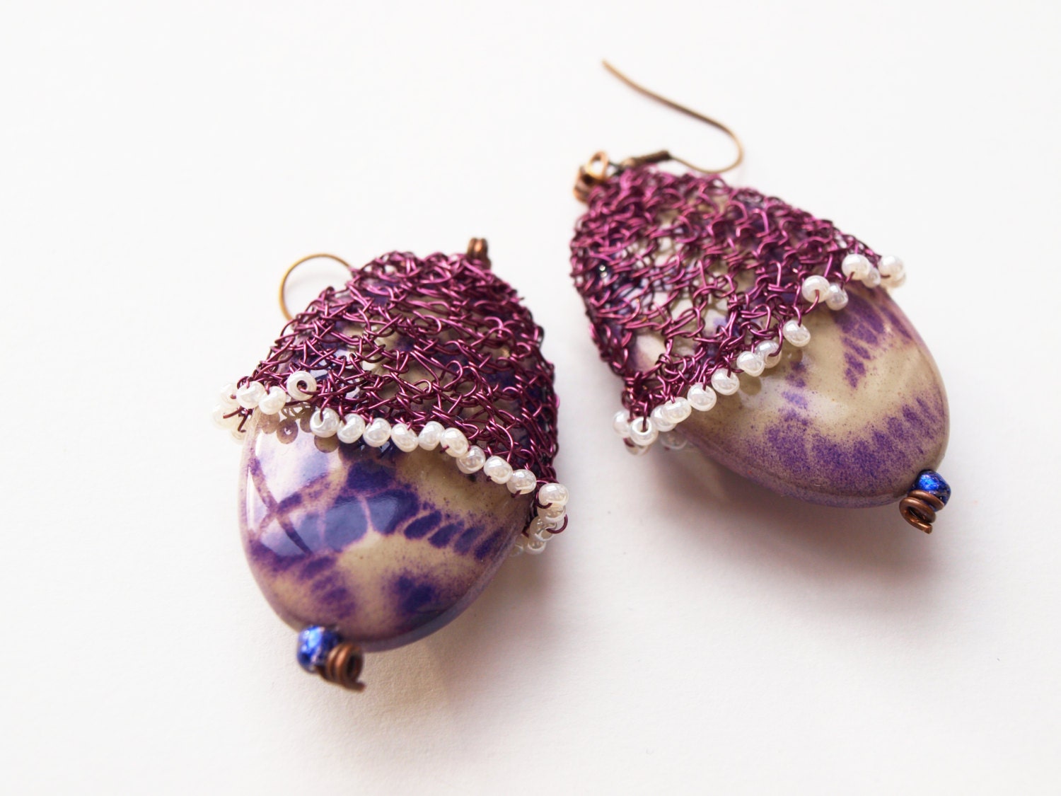 Violet wire wrapped earrings in handmade, purple seed bead wire earrings, jewelry earrings with cabochon, bead earrings seed, cabochon - RasaVilJewelry