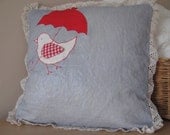 Bird umbrella red blue whimsical decorative accent throw pillow cover case,Modern glitter cotton lace fun home decor