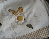 Spring summer beige ivory yellow olive green bird flower table cloth, runner - Modern cottage floral kitchen dining room home decor