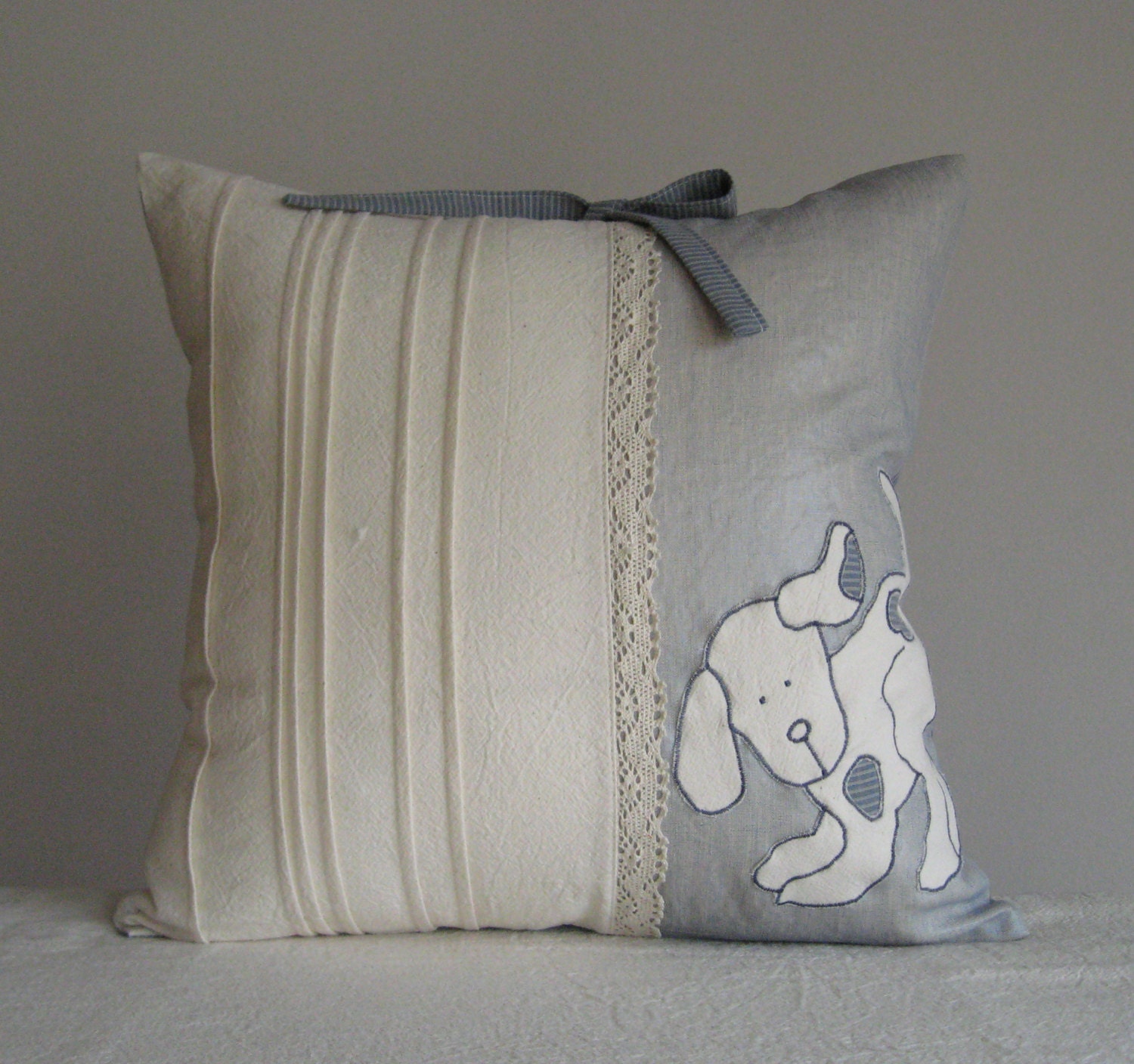 Cute puppy,dog,soft blue cream,off white,cotton lace,bow decorative pillow cover,case - Cottage,shabby chic kids nursery room home decor