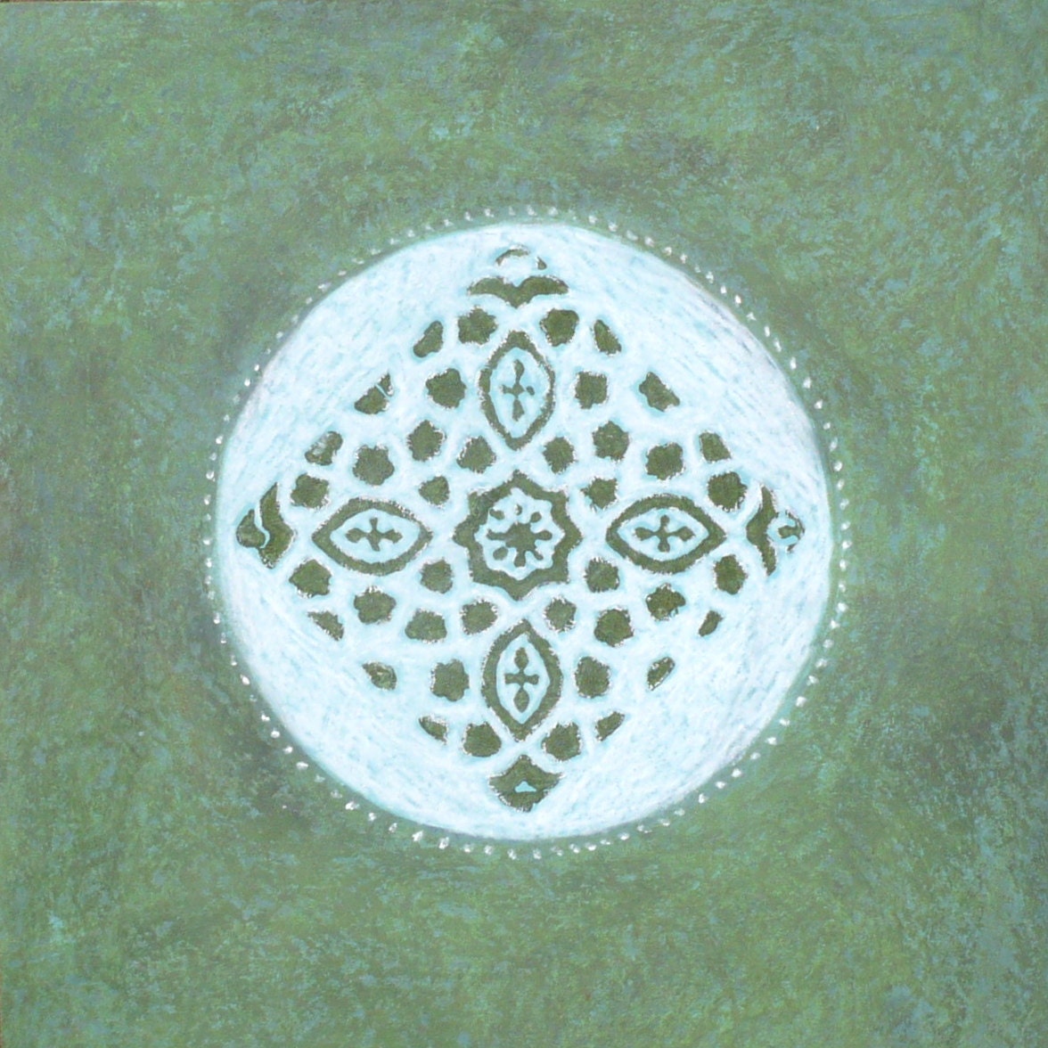 Wood block print in olive and moss green drawing on paper 12x12