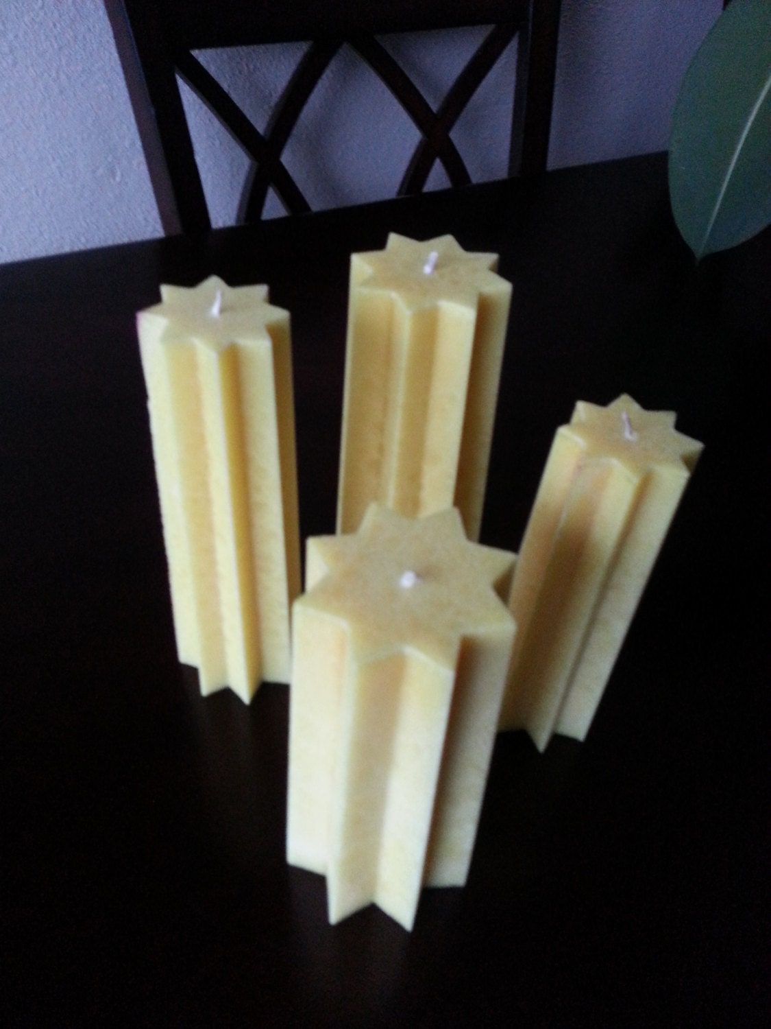 yellow star pillar candles, almond scented