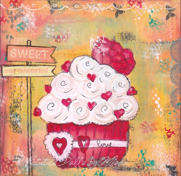 Sweet Warmhearted - Cupcake Mixed Media Art Print - 8x8 Kitchen Wall Art-Mixed media Painting by Petites Dolls by Moki