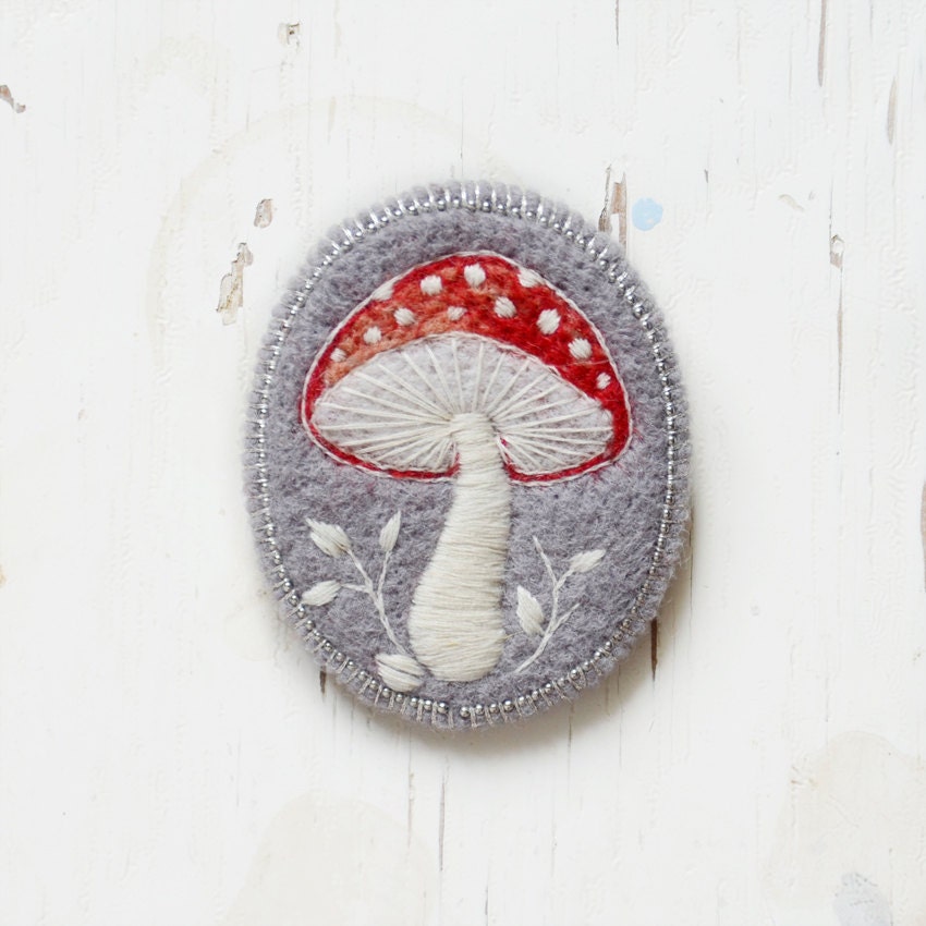 toadstool , mushroom , brooch , needle felted , embroidered ,felt ,