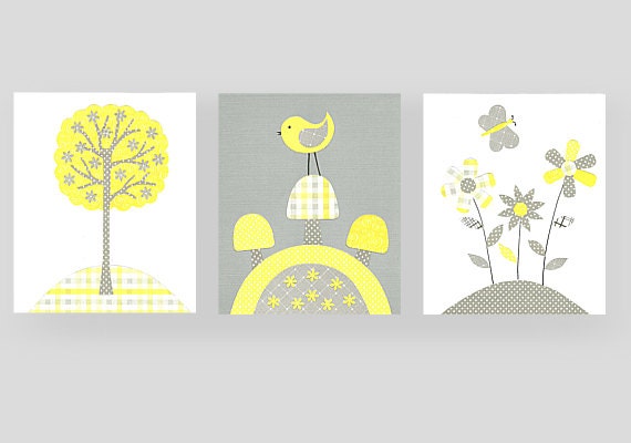 Girl Nursery, Yellow and Gray Nursery, Grey and Yellow Nursery, Nursery Bird, 8 x 10, Flowers, tree, mushrooms, butterfly