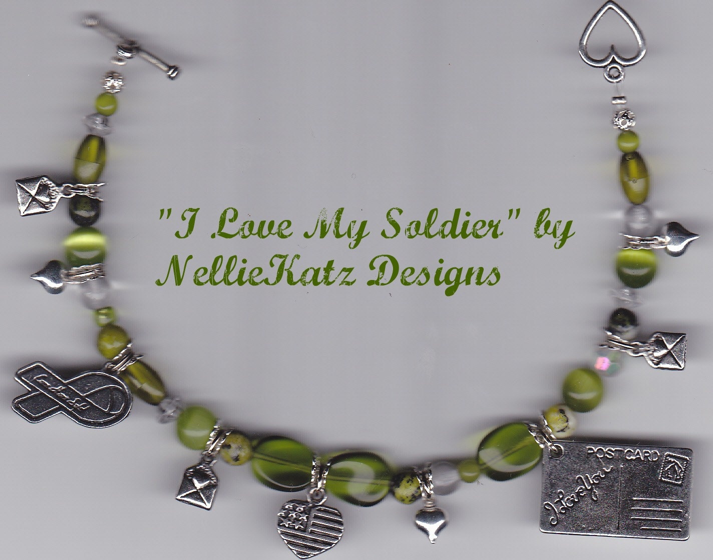 The "I Love My Soldier" Charm Bracelet by NellieKatz Designs in Army Green with Metal "Come Home Safe" Charm