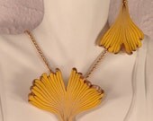 Gingko Pendant and Earrings. Polymer Clay. Freshwater Pearls. Golden Yellow, Warm Tan and  Metallic Gold/ Metallic Silver. Handcrafted.