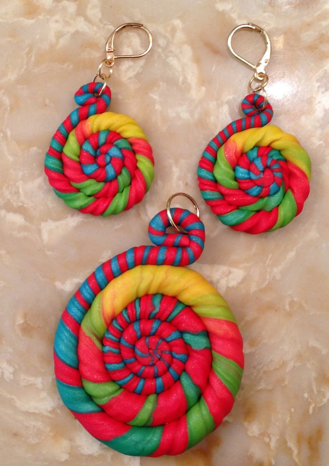 Rainbow All-Day Lollipop, Polymer Clay, Pendant and  Earrings
