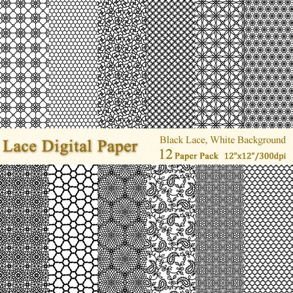 Lace Digital Paper, 12 paper pack, Black Lace, White background