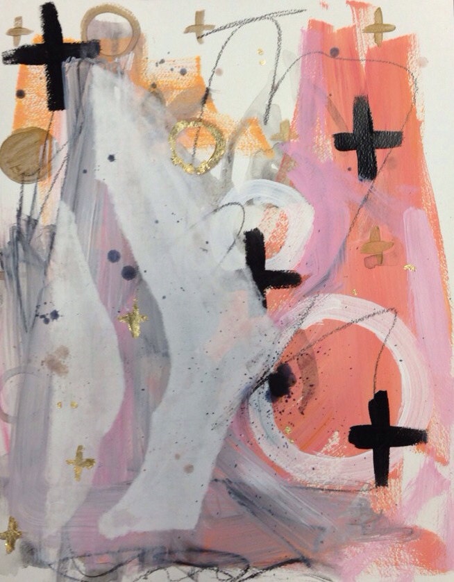 Abstract mixed media painting, pink, black, white and gold, 16"x20", "Popsicle"