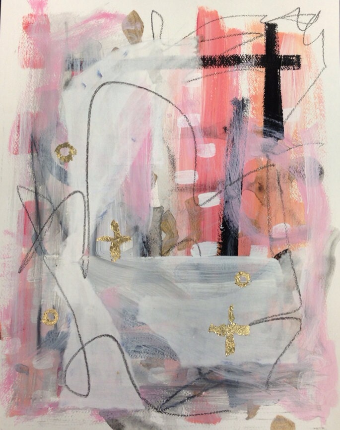 Abstract mixed media painting, pink, black, white and gold, 16"x20", "Sunny"