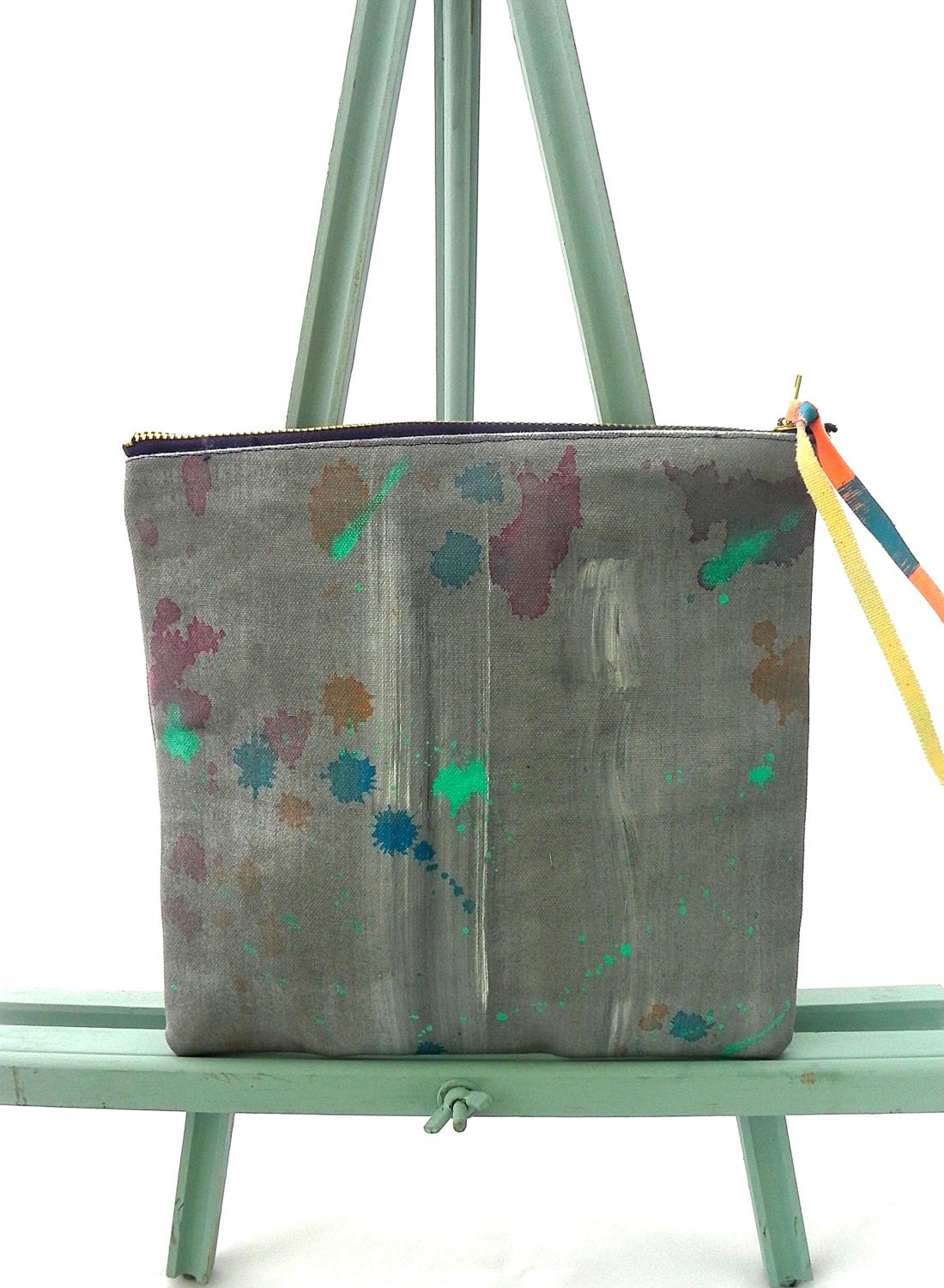 canvas zipper clutch, hand painted using acrylic paint, abstract splatter print design with gold zipper, handmade bags, handmade clutch