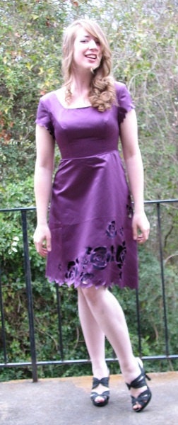Purple Roses Dress - size 6-8, knee length formal to casual wear, refashioned bridesmaid dress