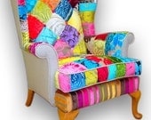 Patchwork wing back armchair in Designers Guild velvets and linen